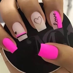 Women’s Pink Black Love Medium Length Press On Nails